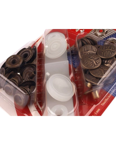 Rugós patent-Dzseki patent Ø15 mm erős anyagokra, antik réz - 1 card | Mimib