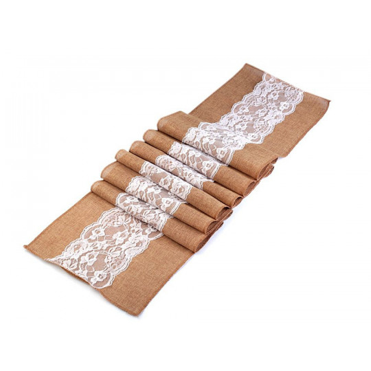 Natúr juta, zsákvászon futó terítő  csipkével 30x275 cm | Mimib