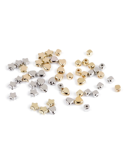 Plastové korálky mini hviezdičky, srdiečka, kocky metalické - 10 g | Mimib