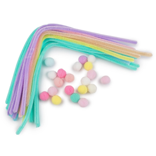 Kreatívna sada chlpaté drôtiky a brmbolce pastelové - 1 sada | Mimib