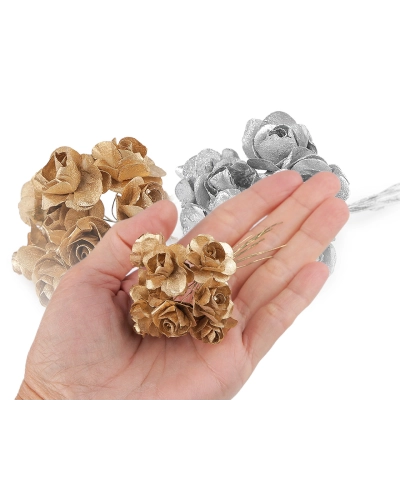 Umelá papierová mini ruža metalická na drôtiku - 1 zväzok | Mimib