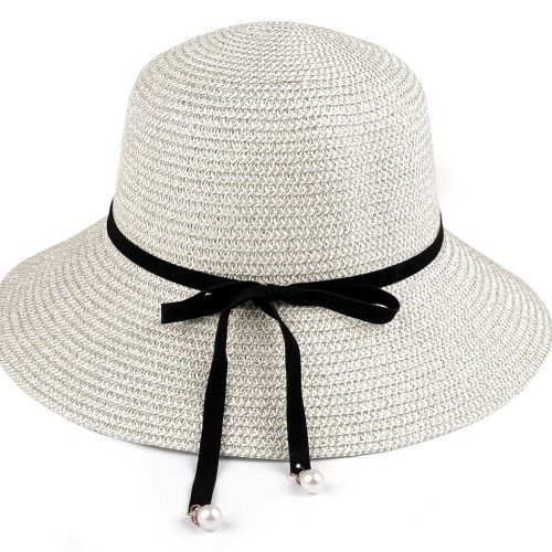 Női nyári kalap / szalmakalap bársony szalag és gyöngyök 1db.