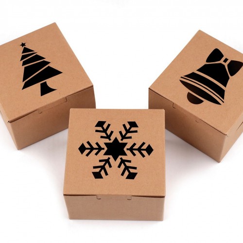 Karácsonyi dísz papír doboz natúr ablakos, pehely, csengő 10db.